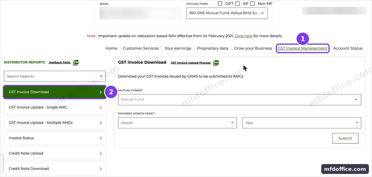 The CAMS distributor site after signing in. GST Invoice Management is marked 1 in the row of links, and GST Invoice Download is marked 2 in the side menu.