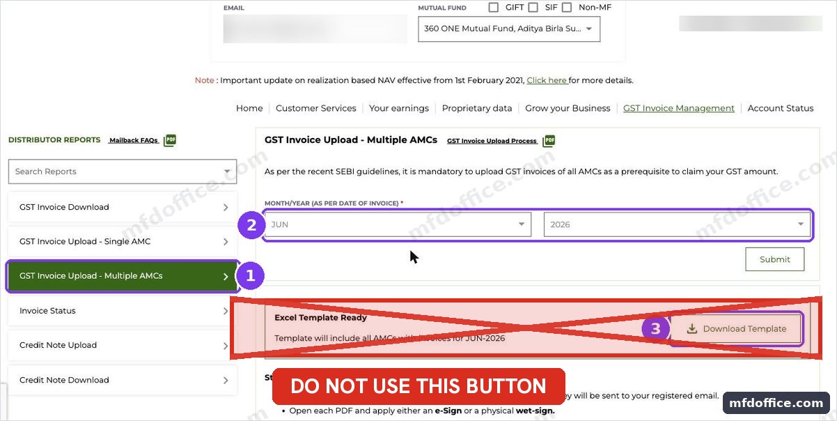 The CAMS GST Invoice Upload for Multiple AMCs screen, showing the Download Template button that must not be used for the report.