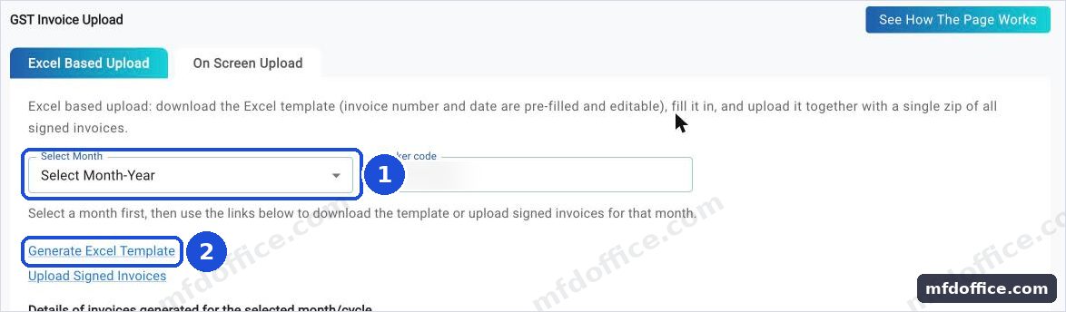 The KFIN Signed GST Invoice Upload screen on the Excel Based Upload tab. Select Month is marked 1 and the Generate Excel Template link is marked 2.