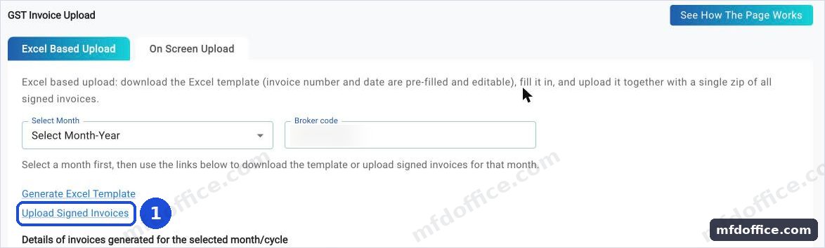 The same KFIN Signed GST Invoice Upload screen, with the Upload Signed Invoices link marked 1, just below Generate Excel Template.